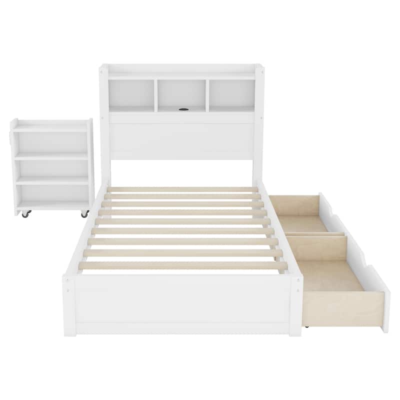 Platform Bed with Storage Headboard Pull Out Storage Cabinet, Bookcase Bed with Drawers, Wood Wingback Bed with Light and Socket
