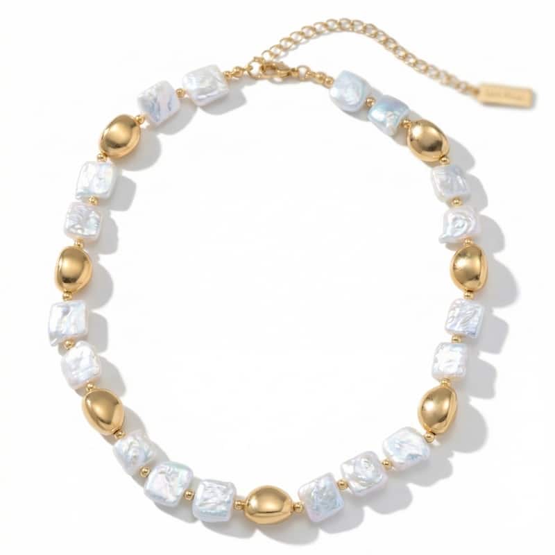 Bliss Diamond Pina Square Pearl Yellow Gold Necklace - Yellow - 18 Inch - White