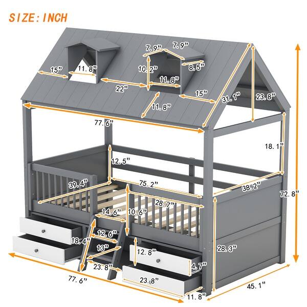 dimension image slide 0 of 3, House Bed Wood Low Loft Bed House-shape Frame Bed with 2 Roof Skylights, Kids Storage Bed with 4 Drawers, Guardrail and Stairs