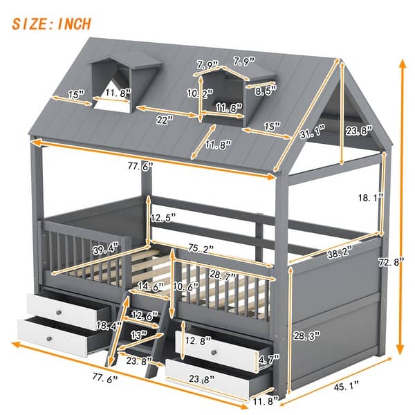 dimension image slide 0 of 2, Twin Size Wooden House Bed with Roof Skylights, Ladder, 4 Drawers, Shelves, Fence and Solid Wood Frame, for Kids Ages 6+