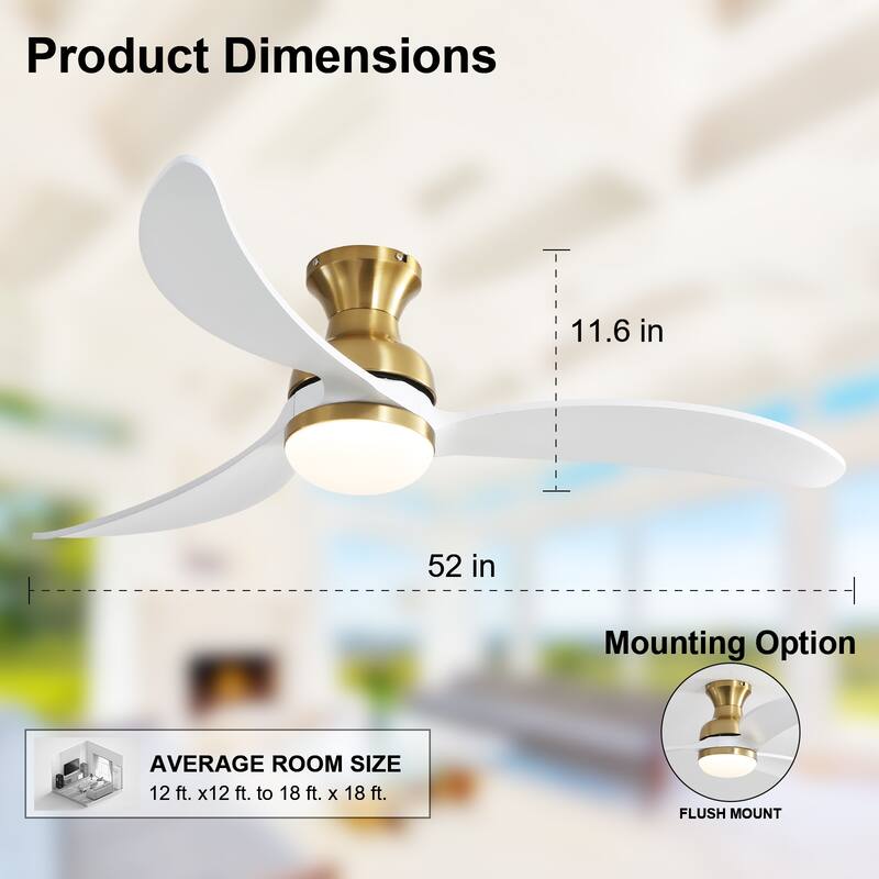 Sofucor 52inch Smart-controlled Flush-mount Ceiling Fan with Streamlined Curved Blades, Remote Control, and Dimmable LED Light