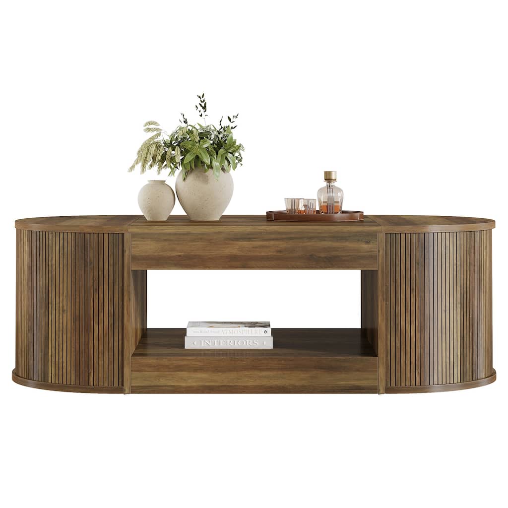 Farmhouse Coffee Table with Storage, 55-Inch Oval Center Table