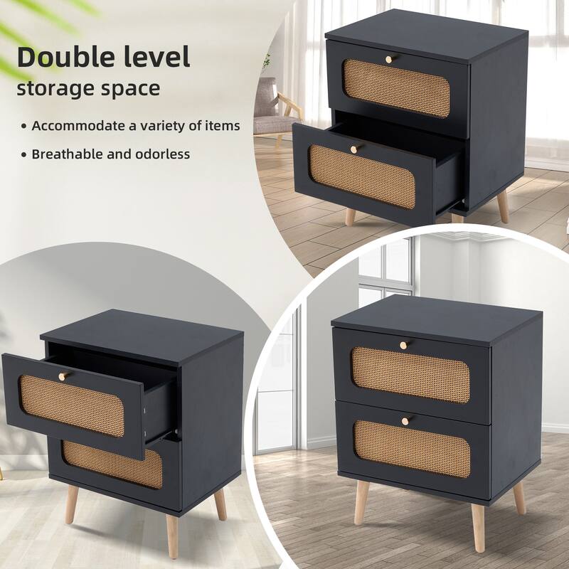 Black-Brown Rattan Nightstand with 2 Drawers and Solid Wood Legs