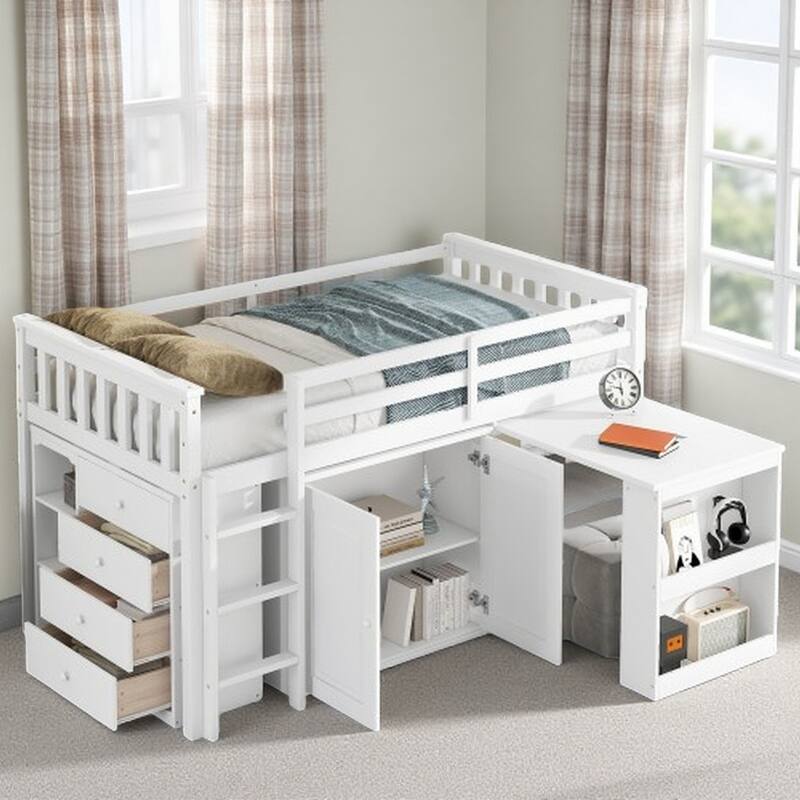 Twin Loft Bed with Pull-Out Desk, Built-in Cabinets, Drawers, Shelves, and Safety Guardrail, Solid Rubber Wood Frame with Ladder - White