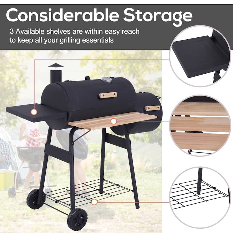 48" Steel Portable Backyard Charcoal BBQ Grill and Offset Smoker Combo with Wheels