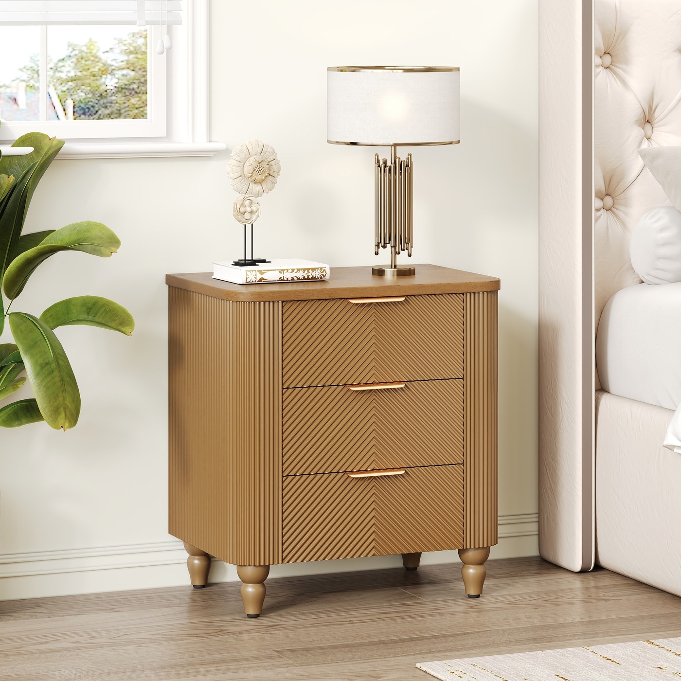 22.8 in Mid-Century Fluted three Drawers Nightstand