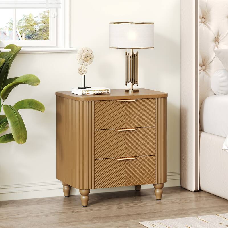 22.8 in Mid-Century Fluted three Drawers Nightstand - Walnut - 3-drawer