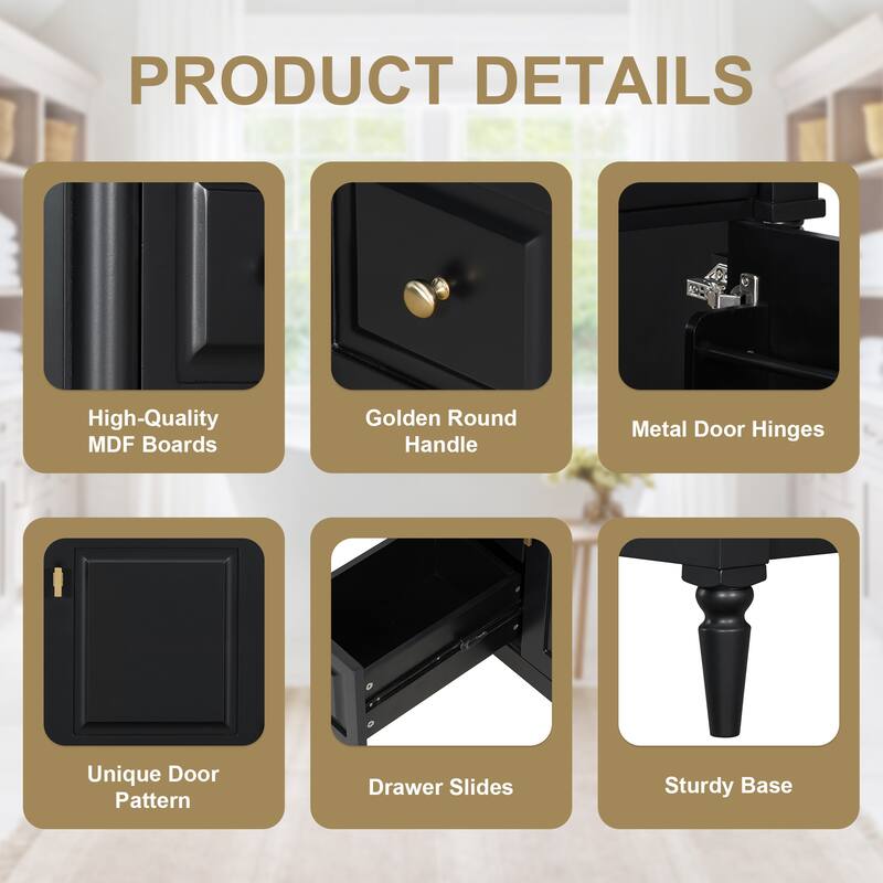 30" Freestanding Bathroom Vanity with Ceramic Sink, Solid Rubberwood Frame, Flip Drawer & Adjustable Shelf