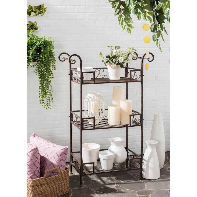 SAFAVIEH Outdoor Abigale Victorian Scroll Iron 3-Tier Shelf - 28"W x 12"D x 42"H - Rustic Brown