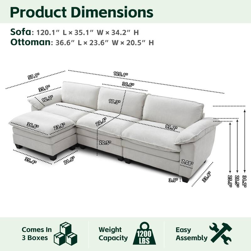 Roomfitters Large Modular Sofa with Ottoman, Modern 3-Seater Sectional Couch for Living Room and Office
