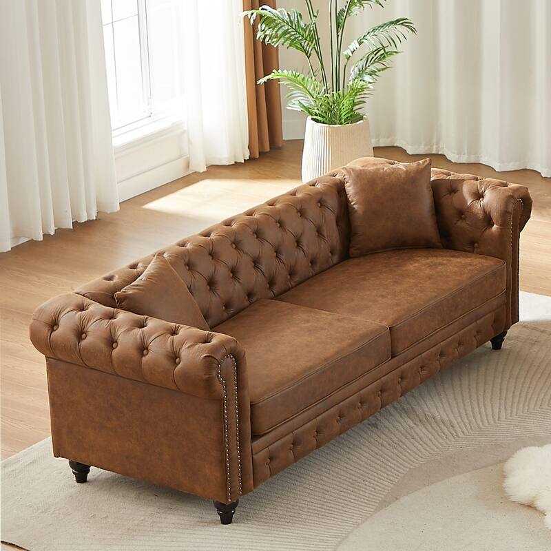 85.5" Tech Fabric Sofa with Rolled Arms and Button Tufted Design