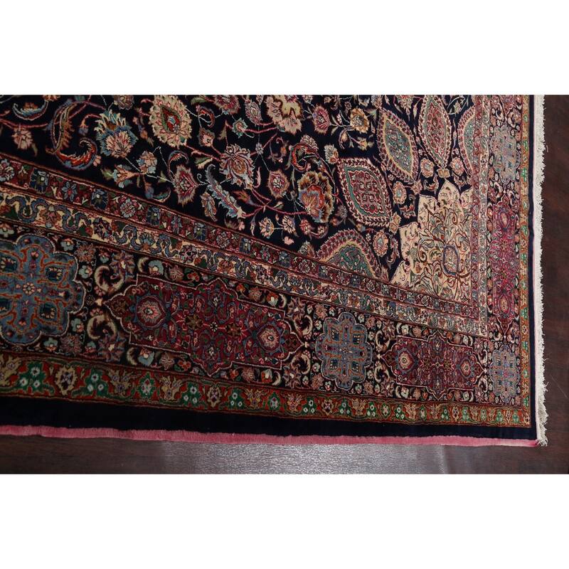 Hand Knotted Oriental 100% Wool Carpet Traditional Floral Navy Blue & Blues Mashad Area Rug - 15' 5'' X 11' 1''