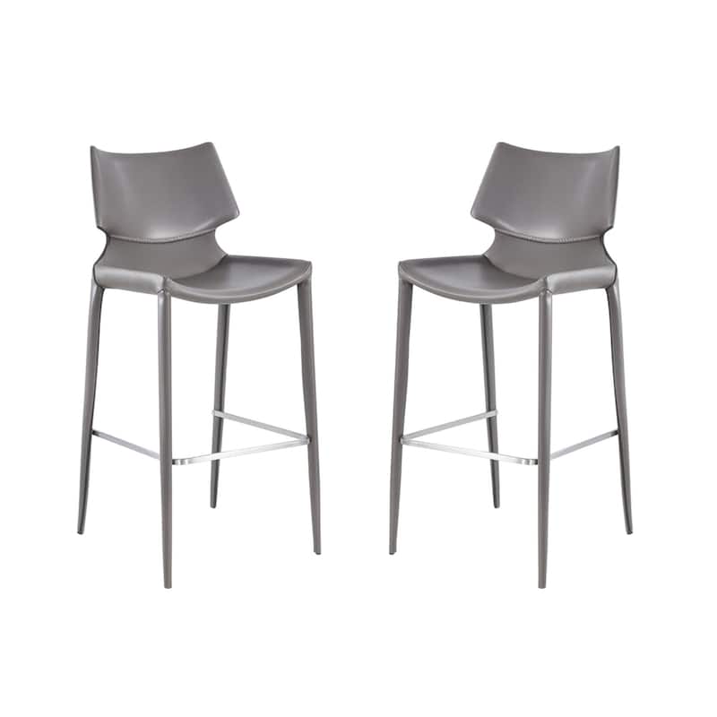 HomeRoots Set of Two 30" Gray Faux Leather And Steel Low Back Bar Height Bar Chairs