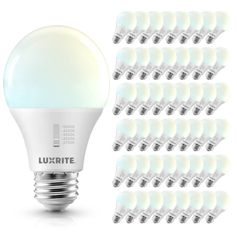 Luxrite A19 LED Light Bulb Dimmable 9W=60W CRI90 5CCT 800 Lumens E26 Base Title CA20 ETL 48 Pack - 5 Color Temperature Selectable
