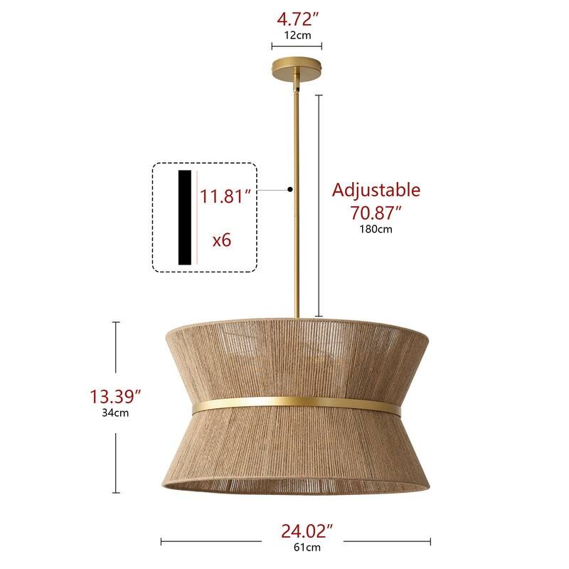 Boho 8 Light Pendant Chandelier Handwoven Natural Rope Shade with Antique Brass Finish