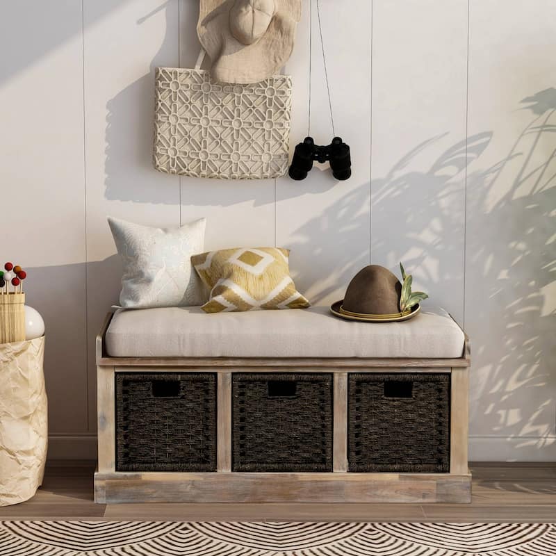 Rustic Storage Bench with 3 Removable Rattan Baskets and Cushion, Entryway Bench with MDF Frame, No Assembly Required