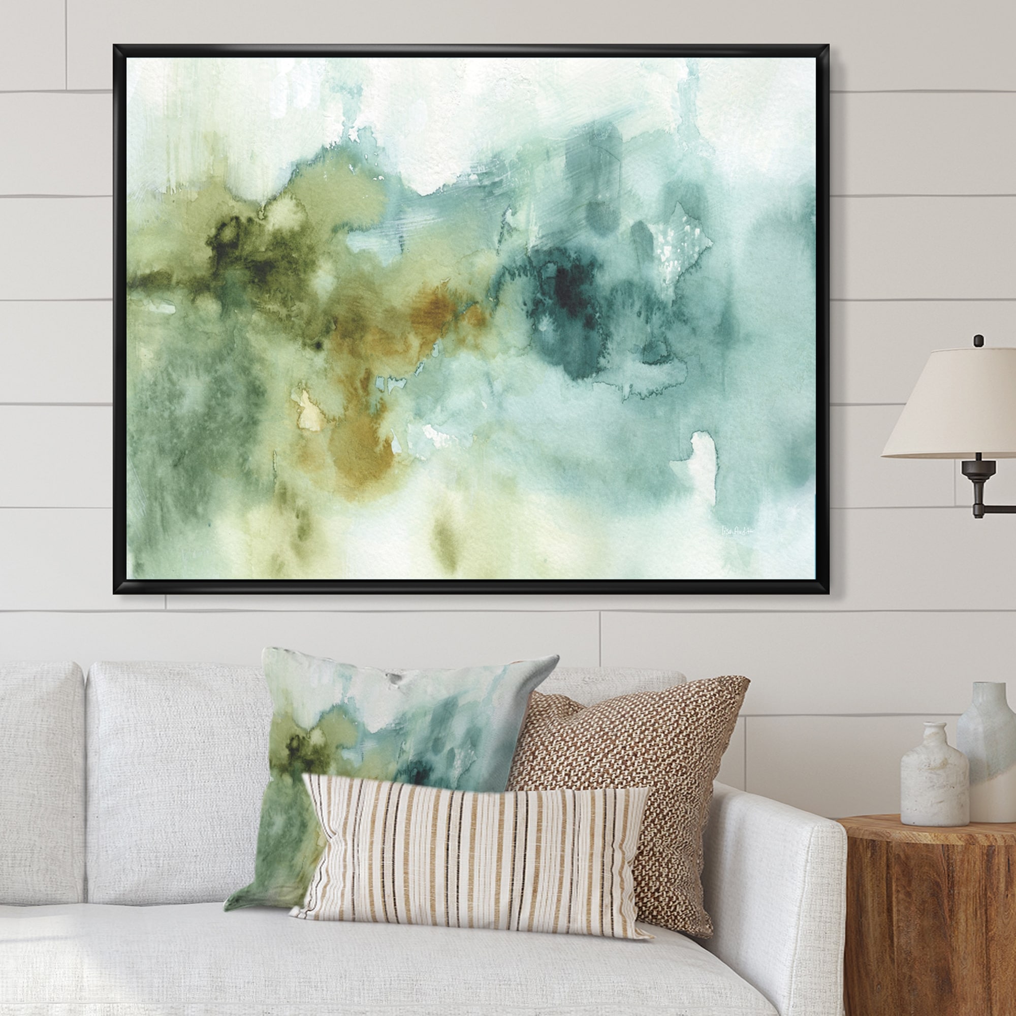 Designart "Abstract Watercolor Green House" Modern & Contemporary Framed Canvas - Blue