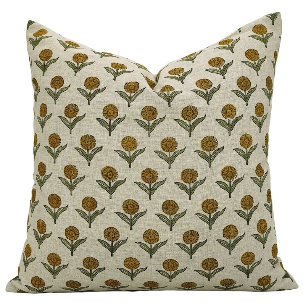 Linen Farmhouse Block print pillow Cover Genda pushp