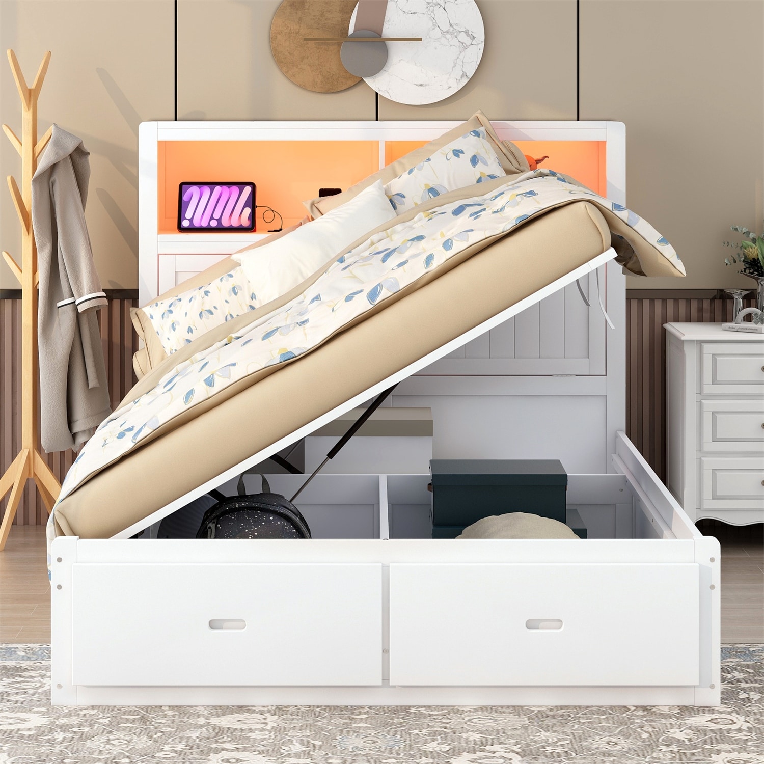 Wood Queen Size Hydraulic Platform Bed with LED and Charging Station