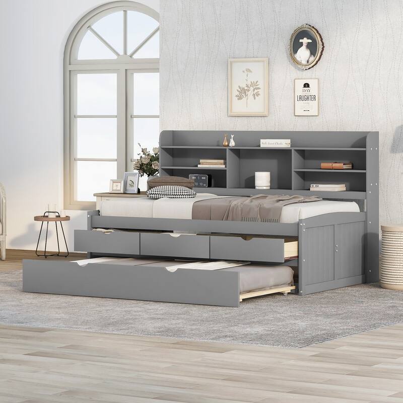 Twin Size Wooden Bed with Built-in Bookshelves, Storage Drawers, and Trundle in Light Grey