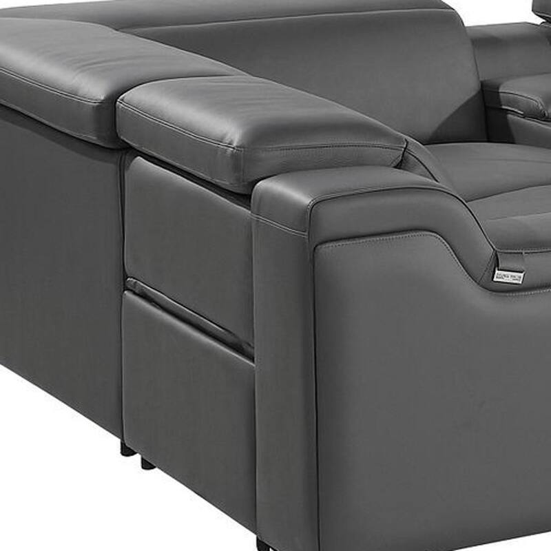 HomeRoots Dark Gray Italian Leather Power Reclining U Shaped Eight Piece Corner Sectional With Console