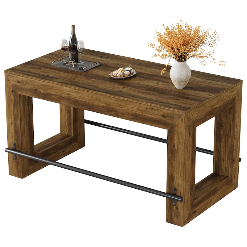 59 Inch Bar Table, Industrial Counter Height Pub Dining Table with Metal Footrest - 27.56"D x 59.06"W x 35.43"H
