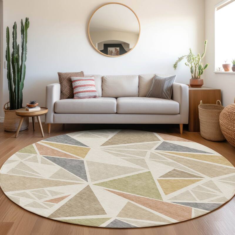 Machine Washable Indoor/ Outdoor Abstract Mosaic Chantille Rug - Ivory - 8' x 8'