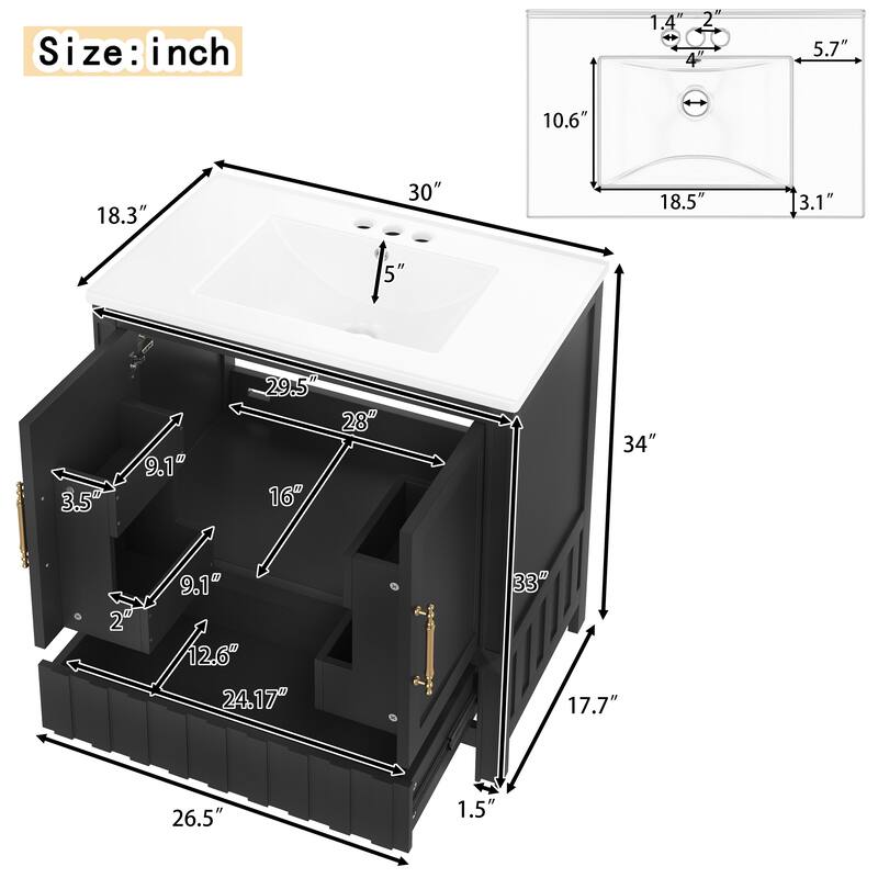 Roomfitters 30 Inch Bathroom Vanity with Sink, Solid Wood Cabinet with Door Storage and Drawer