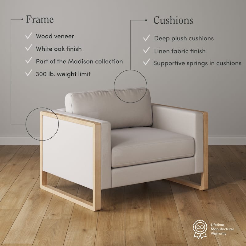 Madison Modern Upholstered Modular Sofa or Couch for Living Room with Solid Wood Legs