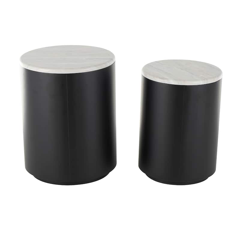 Black Metal Pedestal Coffee Table with Faux White Marble Top