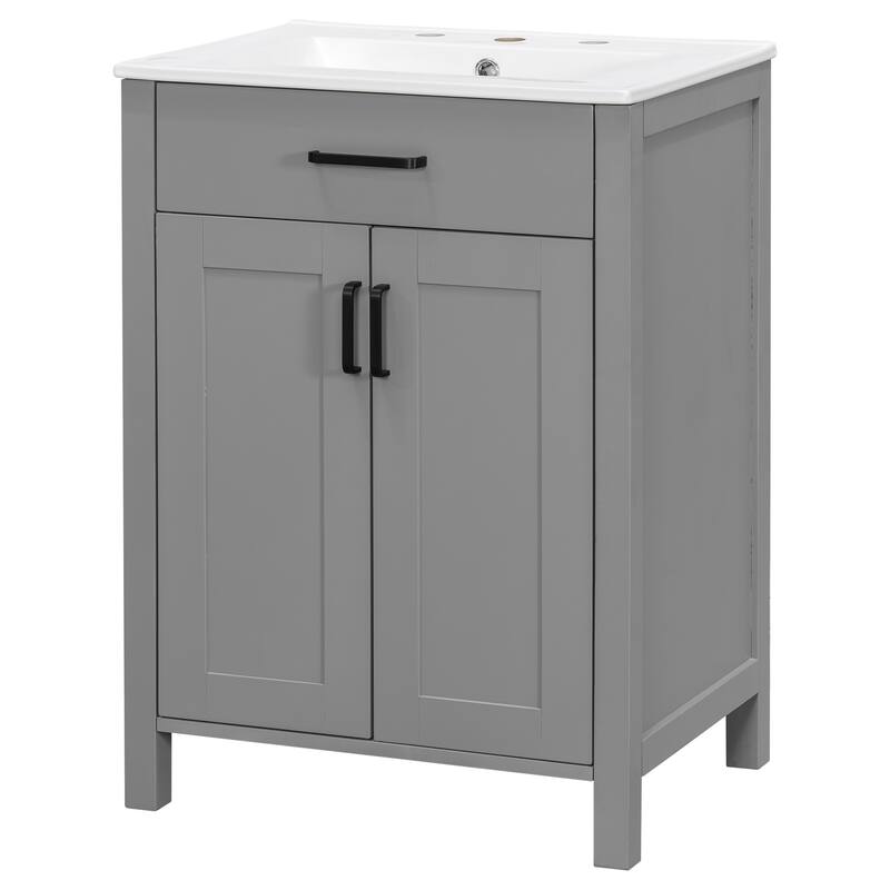 Small Bathroom Vanity with Ceramic Sink, Bathroom Cabinet with 2 Soft Close Doors & Drawers, Freestanding Storage Cabinet