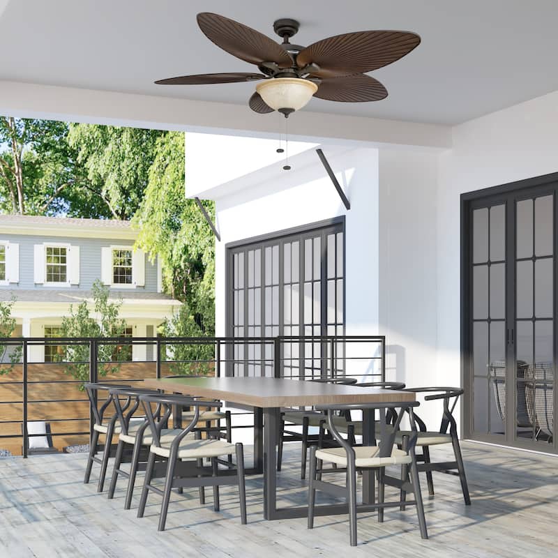 52" Honeywell Palm Island Bronze Indoor/Outdoor Ceiling Fan with Light, Pull Chain, 5 Palm Leaf Blades