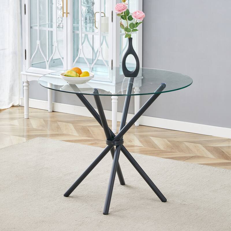 Exquisite Tempered Glass Round Table with Sturdy Metal Legs for Stylish Spaces - Black and Transparent