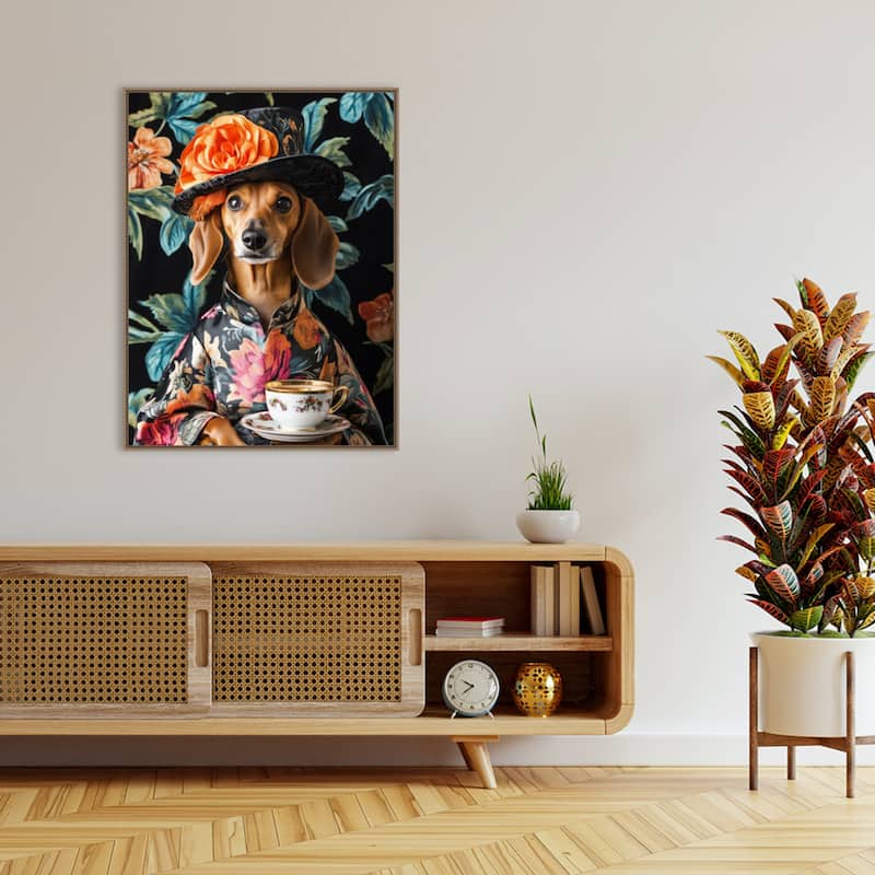 Tea Time Dachshund by Mowzu Framed Canvas Wall Art