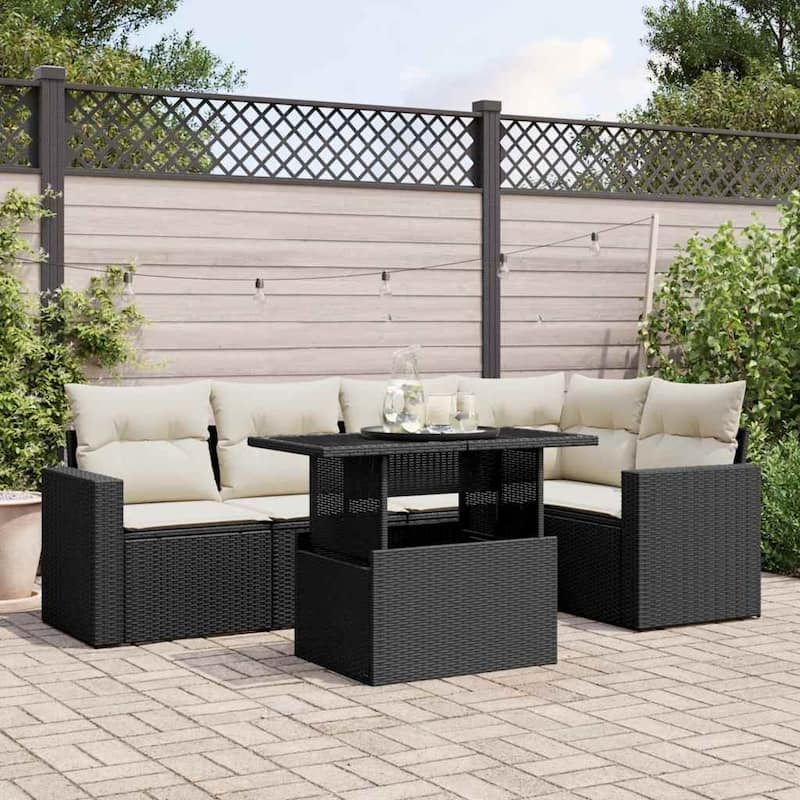 vidaXL Patio Sofa Set with Cushions Outdoor Furniture 6 Piece Poly Rattan - Black and cream without storage - 21.7 x 39.4 x 28.7 in
