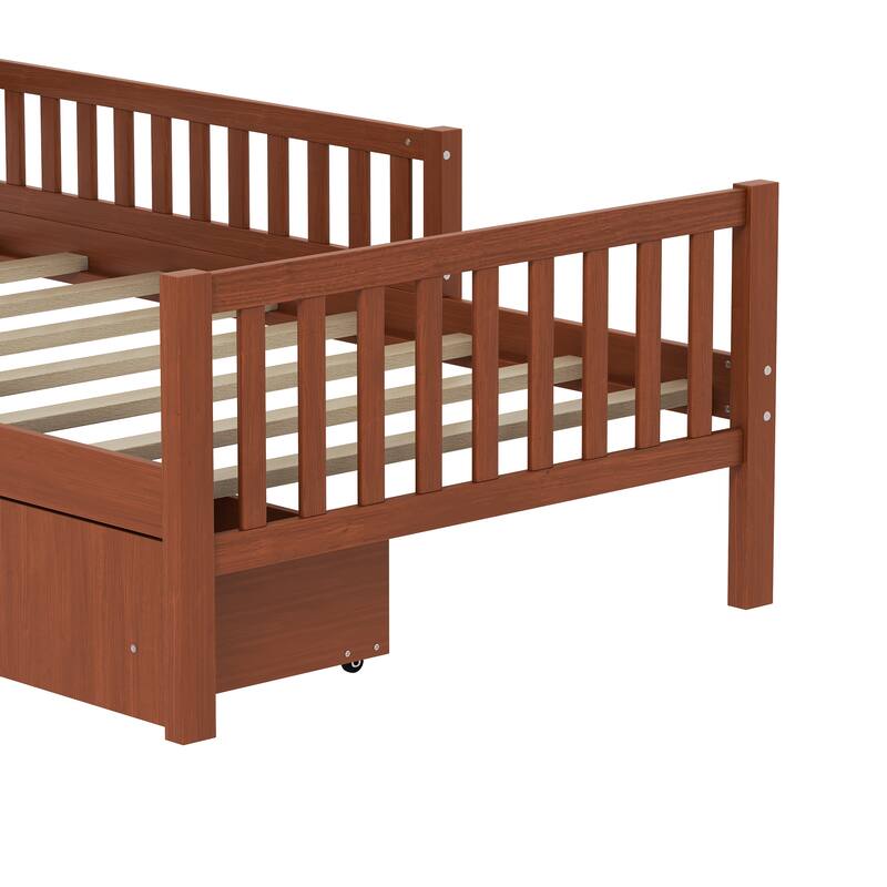 Twin Size Pinewood Platform Bed with Dual Guardrails, 2 Storage Drawers and 300lb Capacity