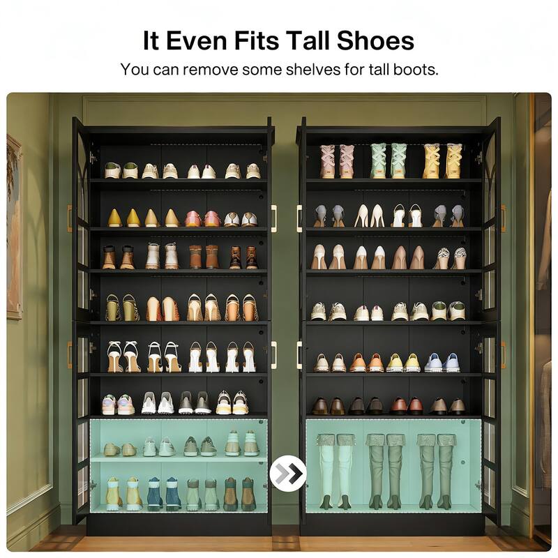 8-Tier Tall Shoe Storage Cabinet with Doors, Led Lights and Adjustable Shelves for Entryway, White