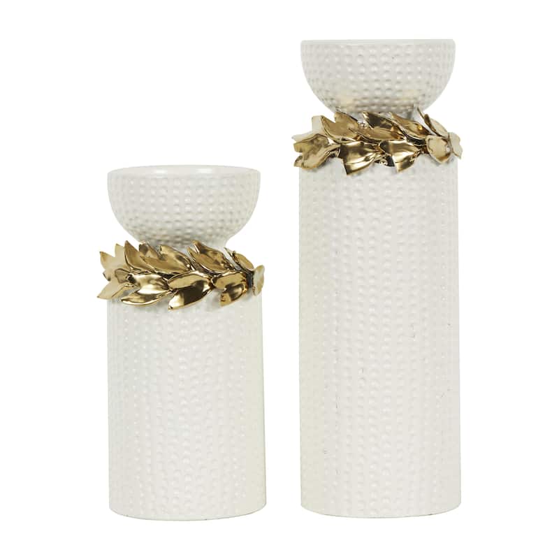Ceramic Decorative Candle Holder with Abstract Spotted Pattern and Gold Leaf Accents - Set of 2 White - Roche River Decor
