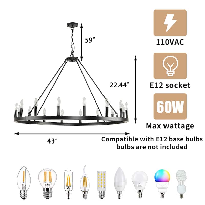 16-Light Modern Farmhouse Light Wagon Wheel Chandelier 43 Inch