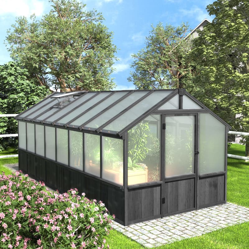 VEIKOUS Walk-in Wooden Greenhouse for Outside, Garden and Backyard, Black Greenhouse - 8'×16'