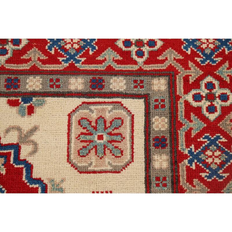 Ivory Geometric Kazak Foyer Rug Handmade Traditional Wool Carpet - 4'1" x 6'0"
