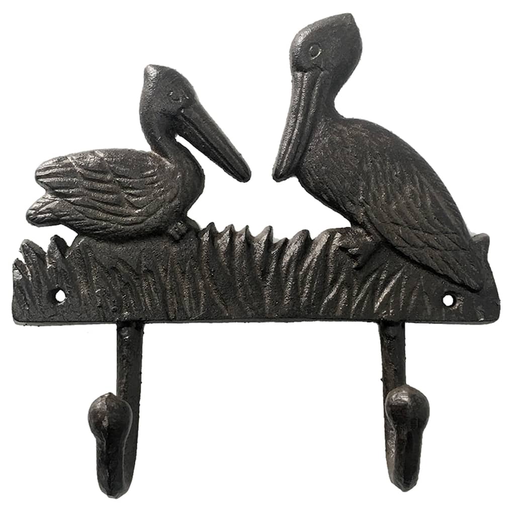 Pelicans Perched Double Wall Hook Cast Iron 7.75 Inches - Brown