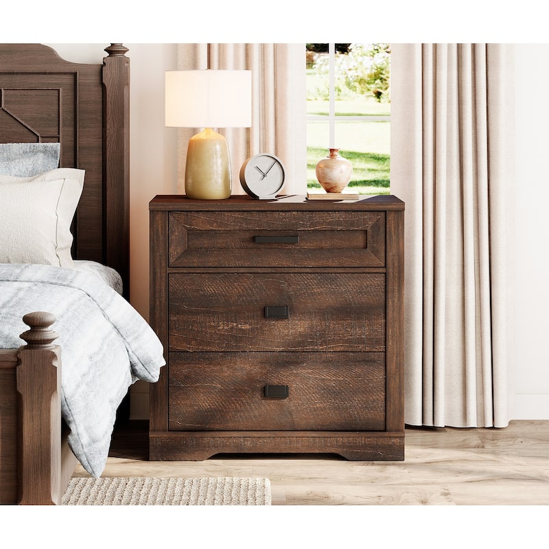 Large Nightstand for Bedroom,Farmhouse Bedside Table with Wide Drawers - Dark Brown - 3-drawer