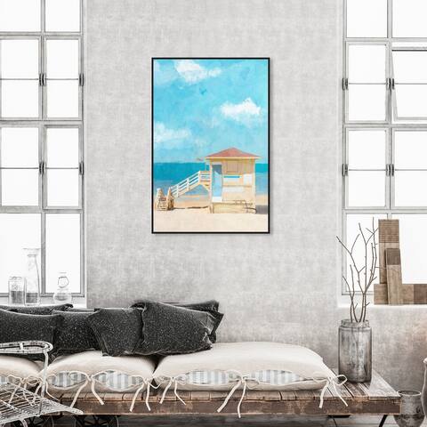 Oliver Gal 'Sunshine Lifeguard House' Nautical and Coastal Wall Art Framed Canvas Print Coastal - Blue, White