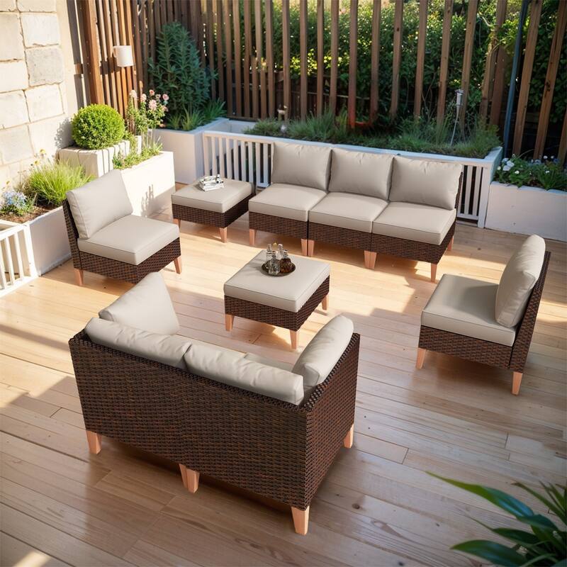 Gymojoy Outdoor Sectional Sofa PE Wicker Sofa,Ottoman - Brown - Beige