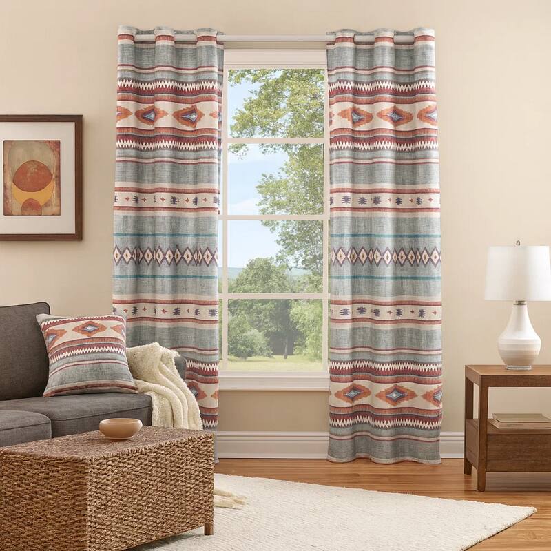 Pimi 2 Panel Curtain Set, Boho Stripes Red White Gray, Microfiber