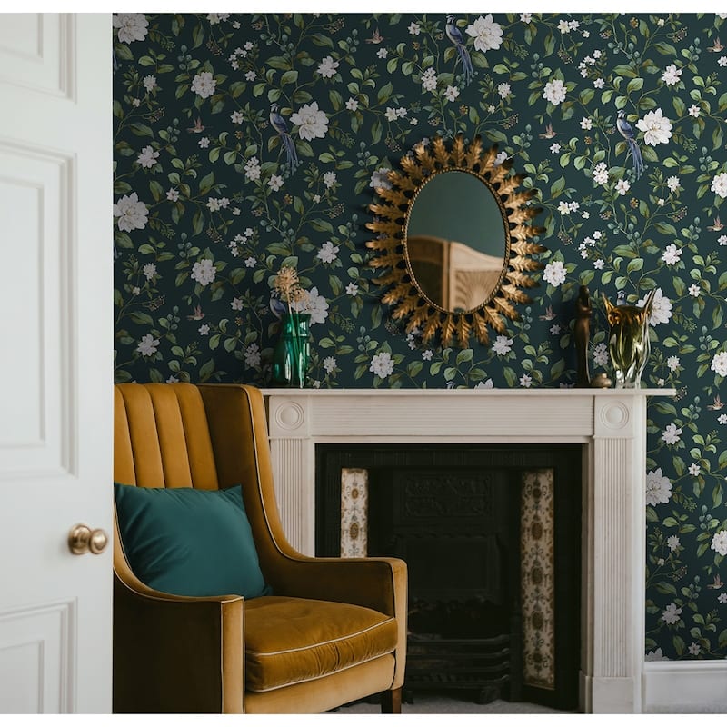 Daisy Bennett Designs Chinoiserie Bird Vine Premium Matte Non-Woven Peel and Stick Wallpaper