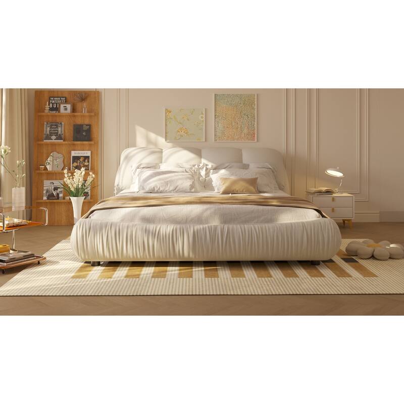 King Upholstered Platform Bed, Oversized Padded Backrest Bed Frame, Beige