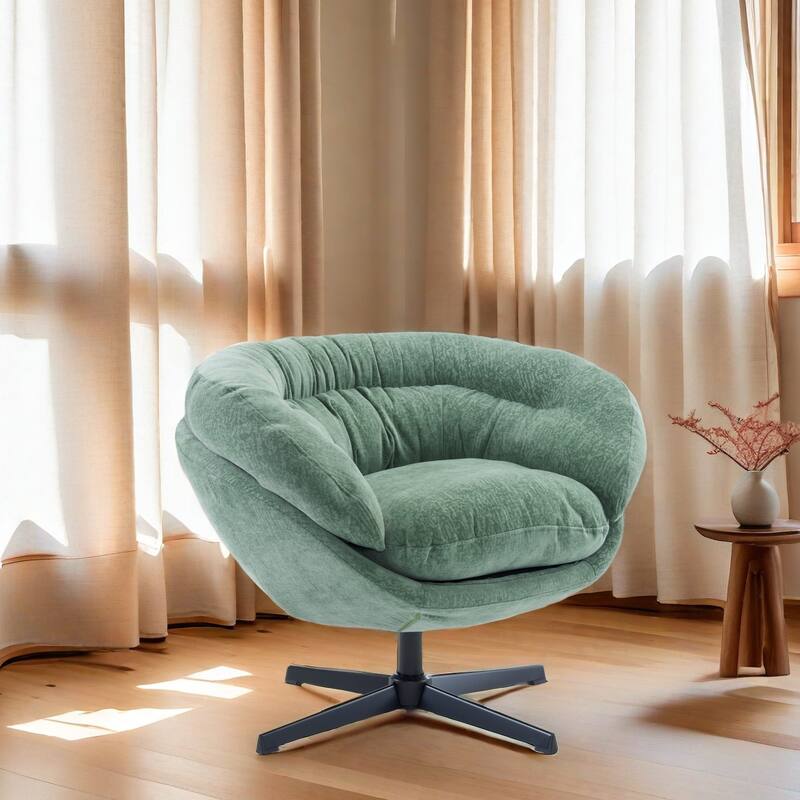 Chenille Upholstered 360° Swivel Club Chair/Accent Chair with Removable Cushion, Round Office Chair with Black Metal Base