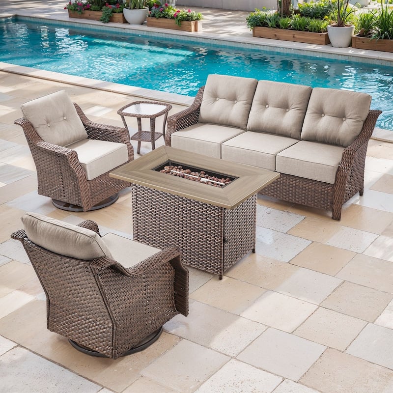 Artisan Brown Wicker Patio Fire Pit Conversation Set with 3-Seat Sofa & Swivel Gliders - Beige - 5-Piece